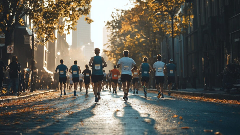 group of runners participating in a marathon or race, captured from behind as they run through a sunlit urban street